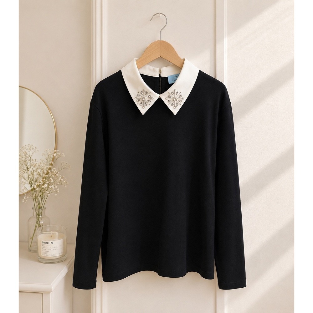 CeCe Sweater Women's M Jeweled White Collar Long Sleeve Black Knit Top dressy